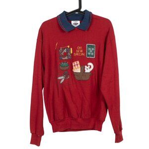 O Sew Special VTG Sweatshirt M Collar Sewing Machine Cat Buttons Embroidered